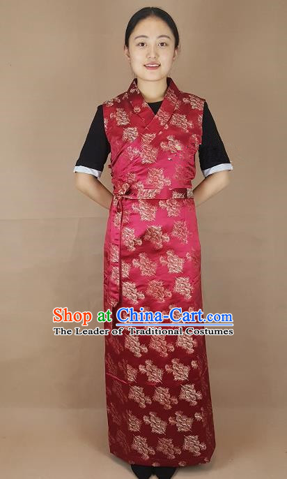 Chinese Zang Nationality Folk Dance Purplish Red Dress, China Traditional Tibetan Ethnic Costume for Women