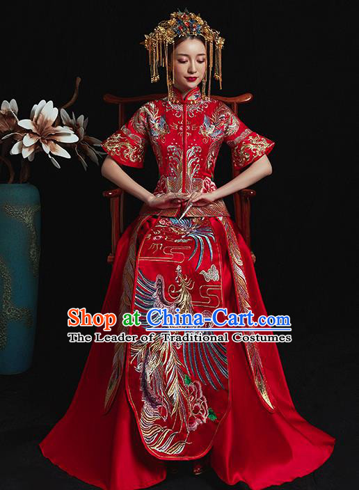 Chinese Traditional Wedding Costume Ancient Bride Xiuhe Suit Embroidered Red Full Dress for Women