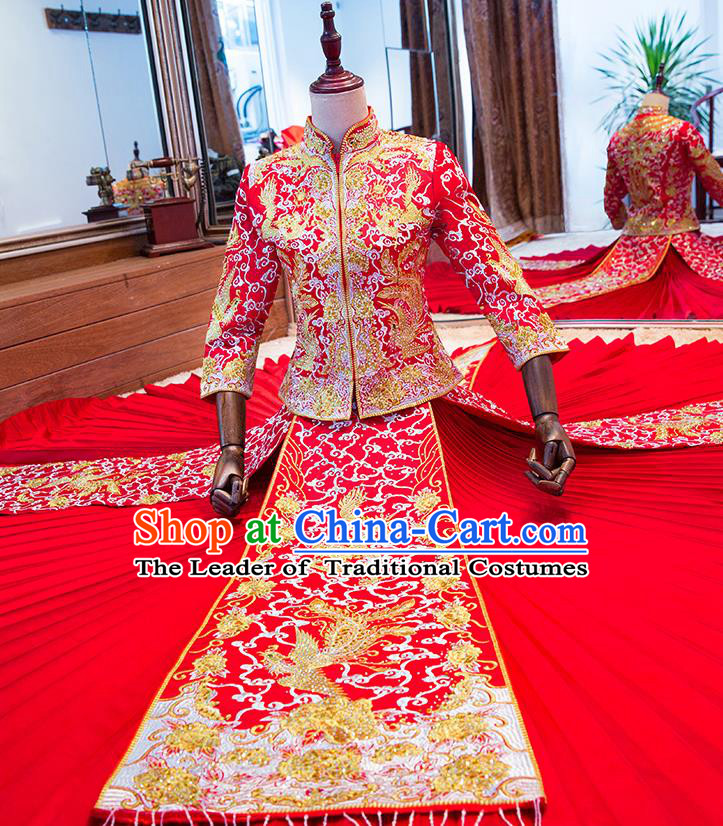 Chinese Traditional Wedding Toast Costume Ancient Bride Embroidered Xiuhe Suit Red Full Dress for Women