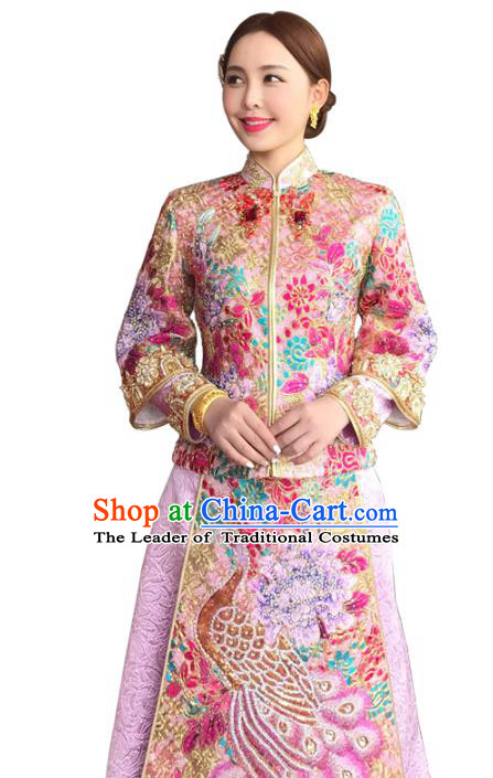 Chinese Traditional Wedding Toast Costume Ancient Bride Embroidered Beads Xiuhe Suit Full Dress for Women