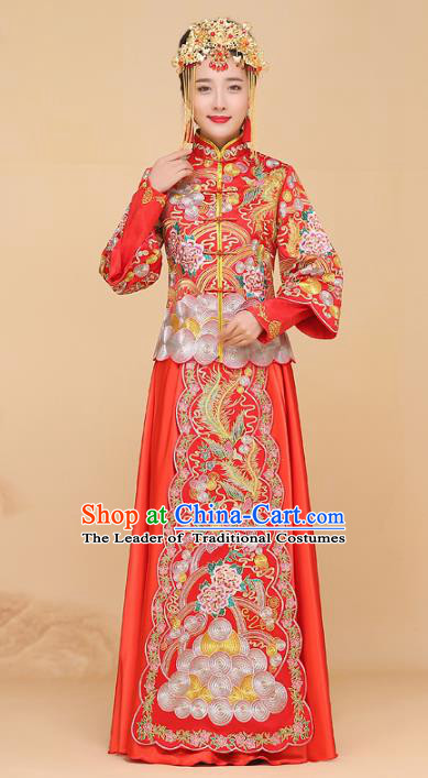 Chinese Traditional Wedding Bottom Drawer Ancient Bride Embroidered Xiuhe Suit Red Cheongsam for Women