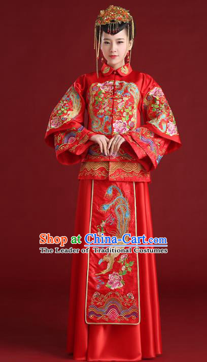 Chinese Traditional Wedding Embroidered Bottom Drawer Ancient Bride Xiuhe Suit Red Cheongsam for Women