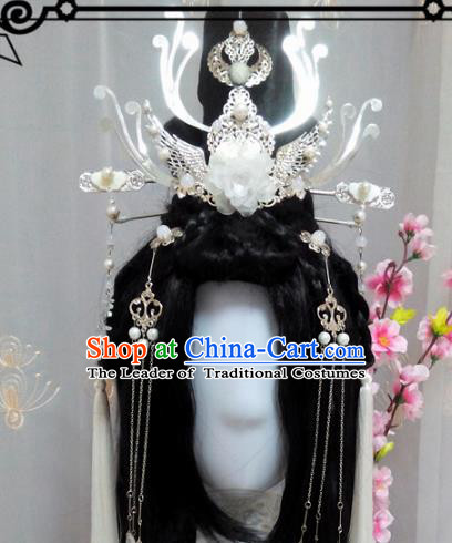 Chinese Traditional Handmade Swordsman Wig and Hair Accessories Ancient Knight Hairpins Headwear for Women