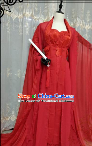 Chinese Ancient Wedding Costume Cosplay Swordswoman Clothing Tang Dynasty Princess Red Hanfu Dress for Women