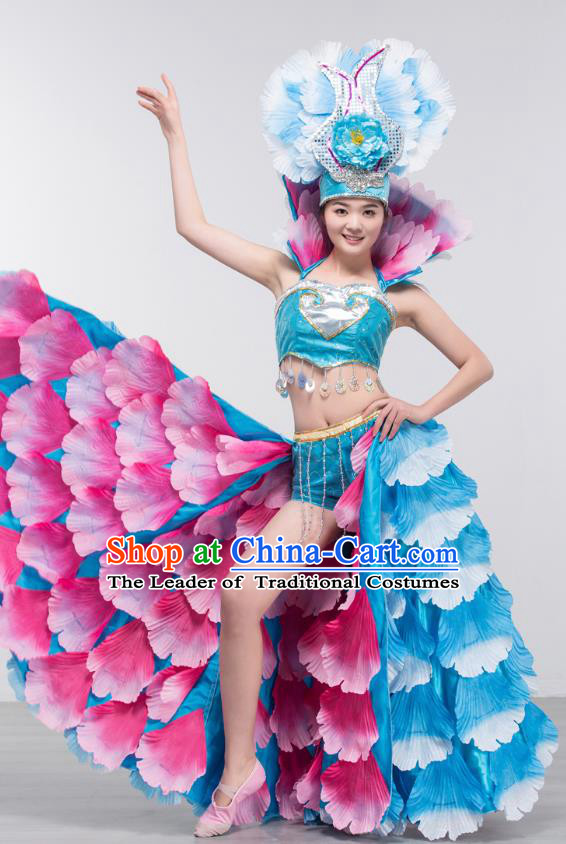 Top Grade Stage Show Costume Chorus Modern Dance Spanish Dance Blue Dress and Headpiece for Women