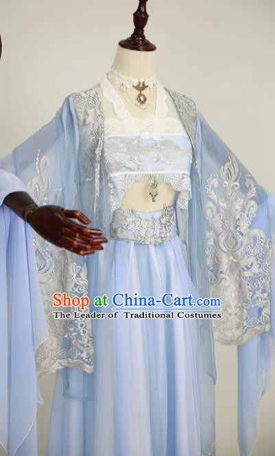 Chinese Ancient Cosplay Fairy Costume Han Dynasty Princess Embroidered Blue Hanfu Dress for Women