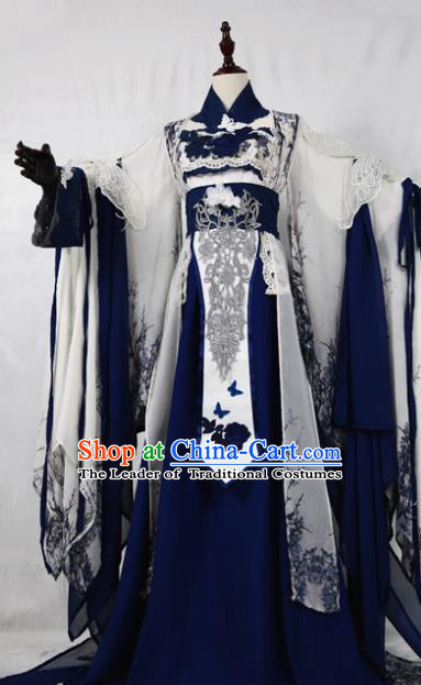 Chinese Ancient Cosplay Swordswoman Costume Han Dynasty Queen Embroidered Blue Hanfu Dress for Women