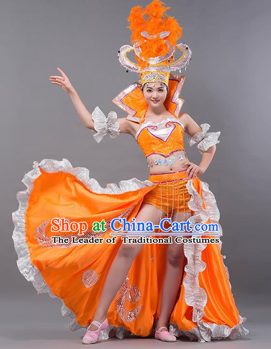 Spanish Traditional Paso Doble Costume Opening Dance Modern Dance Big Swing Orange Dress and Headpiece for Women