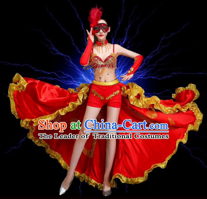 Top Grade Stage Performance Spanish Dance Costume Opening Dance Red Clothing and Headpiece for Women