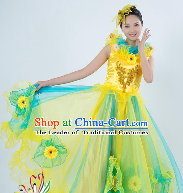 Top Grade Stage Performance Folk Dance Costume Opening Modern Dance Yellow Dress and Headpiece for Women