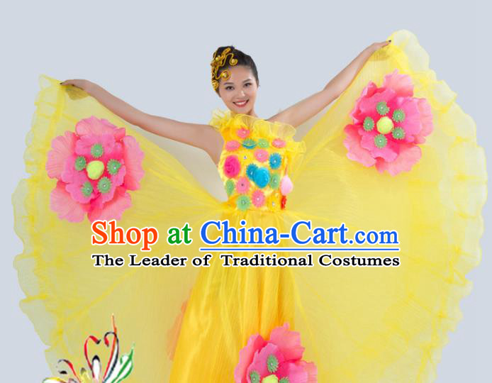 Top Grade Stage Performance Folk Dance Costume Chorus Singing Group Opening Modern Dance Yellow Dress for Women