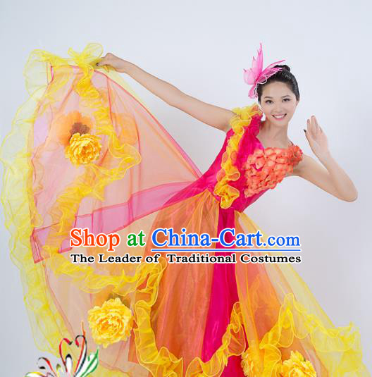 Top Grade Stage Performance Folk Dance Costume Chorus Singing Group Opening Modern Dance Rosy Dress for Women