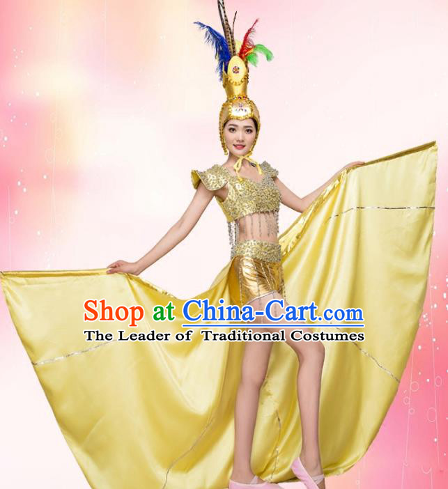 Top Grade Stage Performance Jazz Dance Costume Chorus Modern Dance Golden Clothing and Headpiece for Women