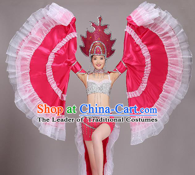 Top Grade Stage Show Costume Chorus Modern Dance Rosy Dress and Headpiece for Women