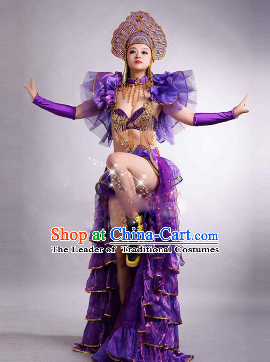 Top Grade Stage Performance Modern Dance Costume Opening Dance Purple Clothing and Headpiece for Women