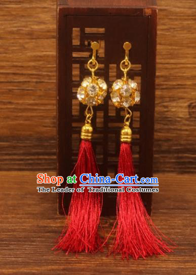 Traditional Chinese Jewelry Accessories Ancient Hanfu Red Tassel Earrings for Women