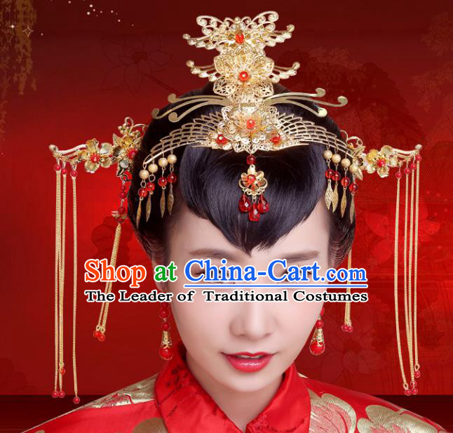 Chinese Traditional Xiuhe Suit Hair Accessories Phoenix Coronet Ancient Hairpins Complete Set for Women