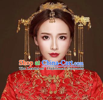 Chinese Traditional Handmade Bride Phoenix Coronet Hair Accessories Tassel Step Shake Ancient Hairpins Complete Set for Women