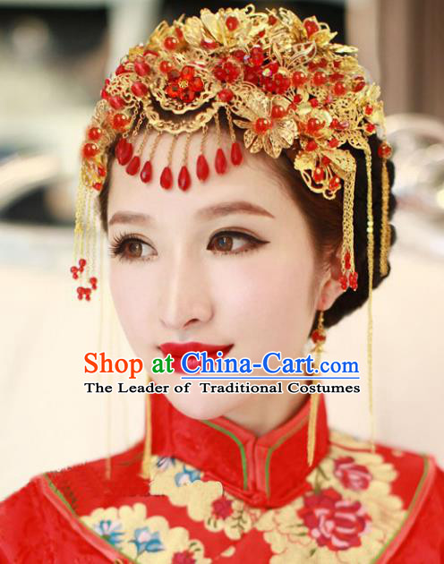 Chinese Traditional Wedding Xiuhe Suit Phoenix Coronet Hair Accessories Ancient Hairpins Complete Set for Women