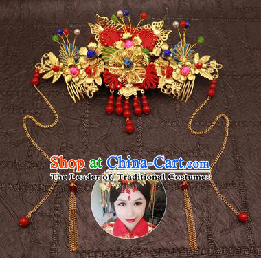 Chinese Traditional Hair Accessories Ancient Hairpins Red Beads Tassel Phoenix Coronet for Women