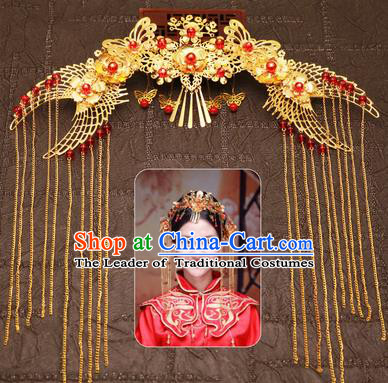 Chinese Traditional Hair Accessories Ancient Red Beads Phoenix Coronet Hairpins for Women