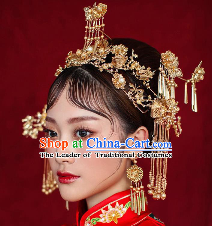 Chinese Ancient Handmade Hair Accessories Phoenix Coronet Traditional Xiuhe Suit Tassel Hairpins for Women