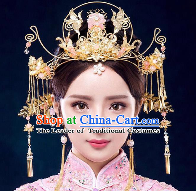 Chinese Ancient Handmade Xiuhe Suit Phoenix Coronet Traditional Tassel Hairpins Hair Accessories for Women