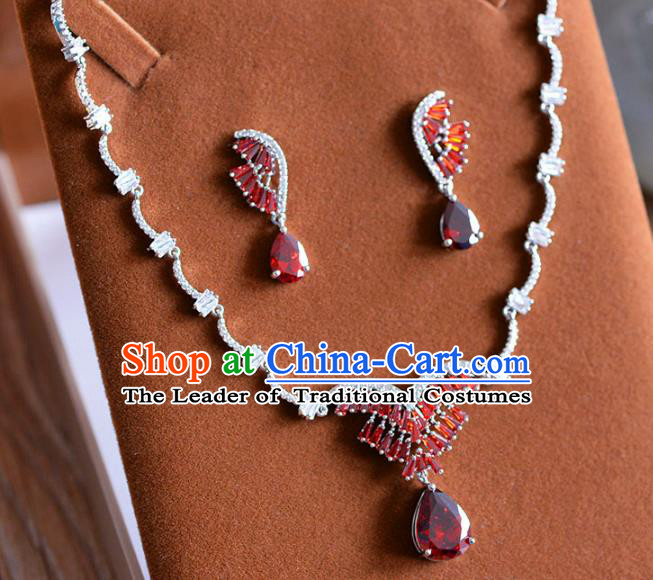 Top Grade Handmade Wedding Jewelry Accessories Red Zircon Necklace and Earrings for Women