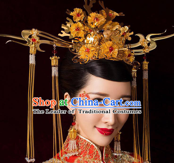 Chinese Ancient Handmade Bride Golden Phoenix Coronet Traditional Xiuhe Suit Hairpins Hair Accessories for Women