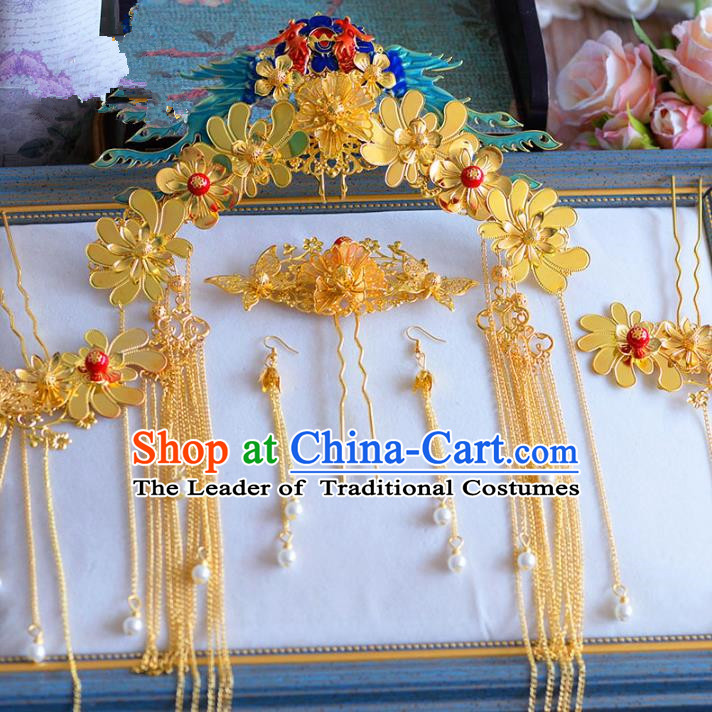 Chinese Ancient Handmade Palace Phoenix Coronet Hair Accessories Tassel Hair Clips Traditional Hairpins Complete Set for Women