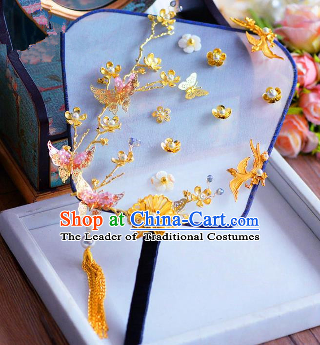 Chinese Handmade Wedding Accessories Golden Butterfly Palace Fans Hanfu Round Fans for Women