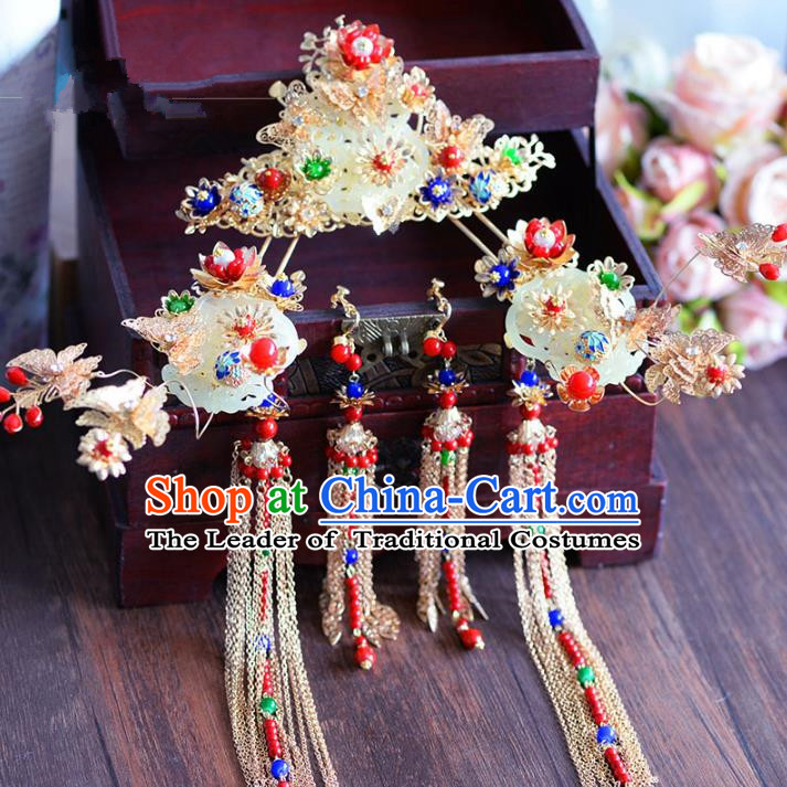 Chinese Ancient Handmade Palace Jade Phoenix Coronet Tassel Step Shake Hair Accessories Traditional Hairpins for Women