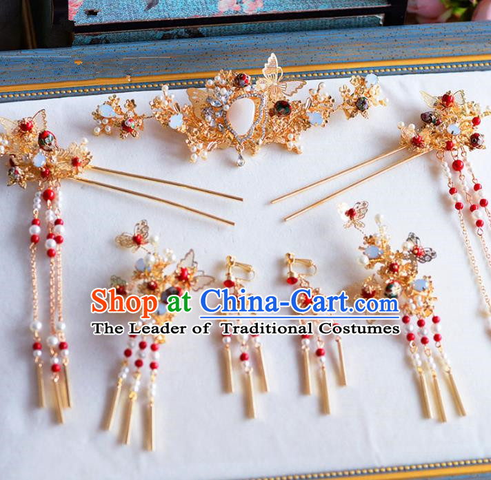 Chinese Ancient Handmade Palace Traditional Hair Accessories Xiuhe Suit Golden Hairpins Complete Set for Women