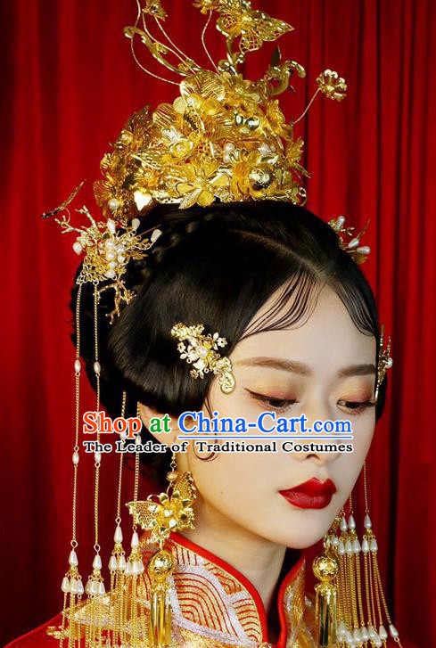 Chinese Ancient Handmade Palace Traditional Phoenix Coronet Hair Accessories Xiuhe Suit Hairpins Complete Set for Women