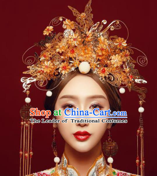 Ancient Chinese Handmade Golden Butterfly Phoenix Coronet Traditional Hair Accessories Xiuhe Suit Hairpins for Women