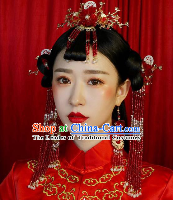 Ancient Chinese Handmade Traditional Hair Accessories Red Beads Hair Clips Xiuhe Suit Hairpins for Women