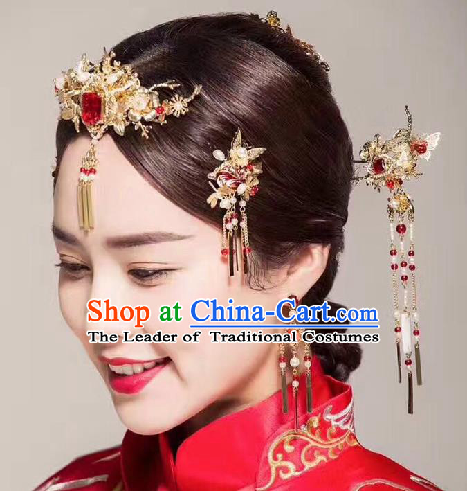 Ancient Chinese Handmade Traditional Hair Accessories Pearls Hair Clips Xiuhe Suit Hairpins for Women