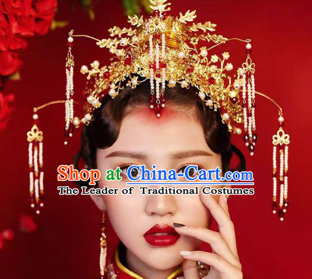 Ancient Chinese Handmade Traditional Hair Accessories Pearls Tassel Phoenix Coronet Xiuhe Suit Hairpins for Women