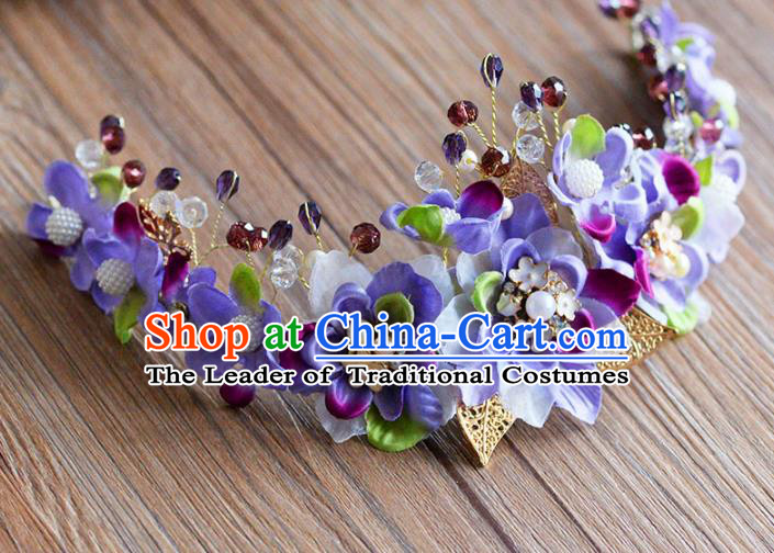 Top Grade Handmade Hair Accessories Baroque Purple Flowers Garland Royal Crown Headwear for Women