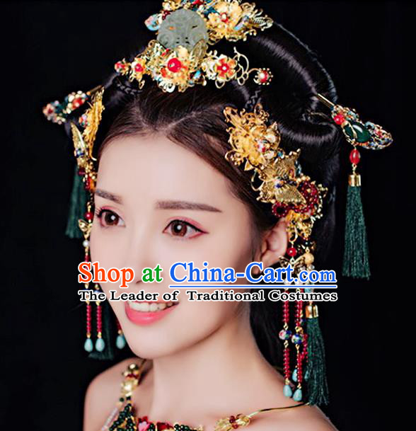 Ancient Chinese Handmade Classical Hair Accessories Palace Phoenix Coronet Jade Hairpins Complete Set for Women