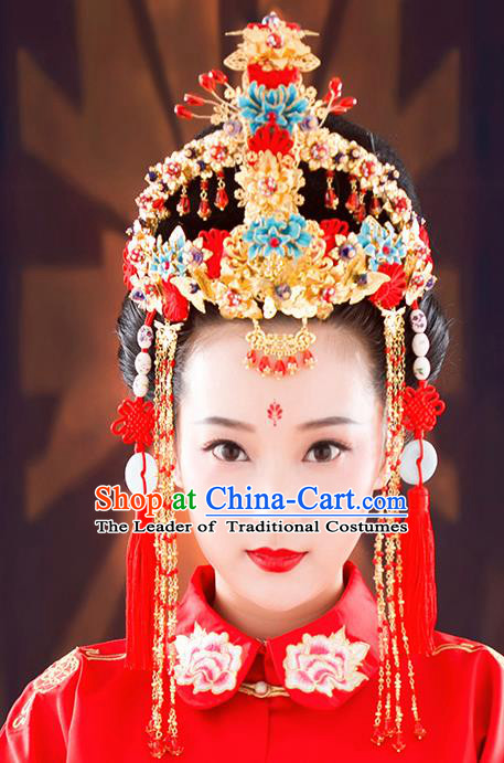 Ancient Chinese Handmade Classical Hair Accessories Palace Bride Tassel Phoenix Coronet Hairpins Complete Set for Women