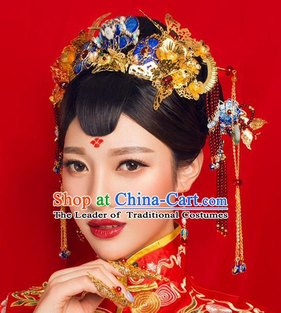 Ancient Chinese Handmade Classical Hair Accessories Palace Bride Blueing Lotus Phoenix Coronet Hairpins Complete Set for Women