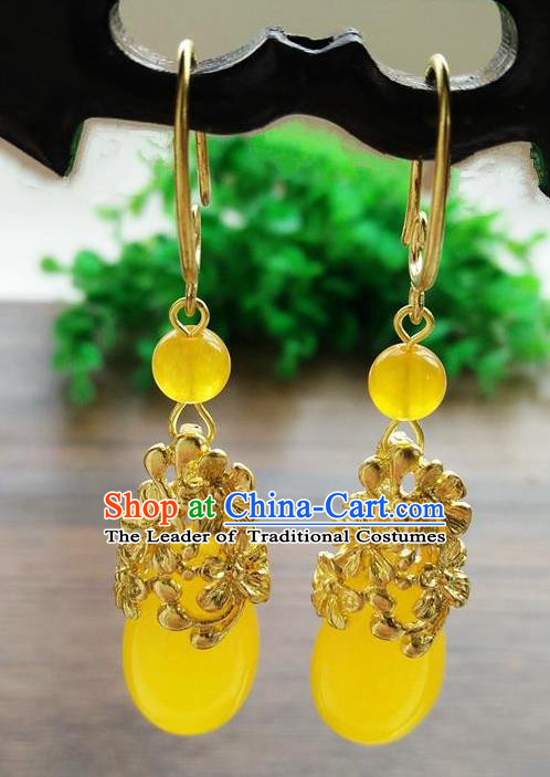 Top Grade Chinese Handmade Wedding Accessories Hanfu Palace Turmeric Jade Brass Earrings for Women