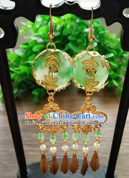 Top Grade Chinese Handmade Wedding Accessories Jadeite Jade Eardrop Hanfu Earrings for Women