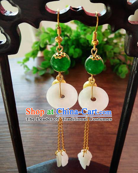 Top Grade Chinese Handmade Wedding Accessories Jadeite Jade Eardrop Hanfu Peace Buckle Earrings for Women