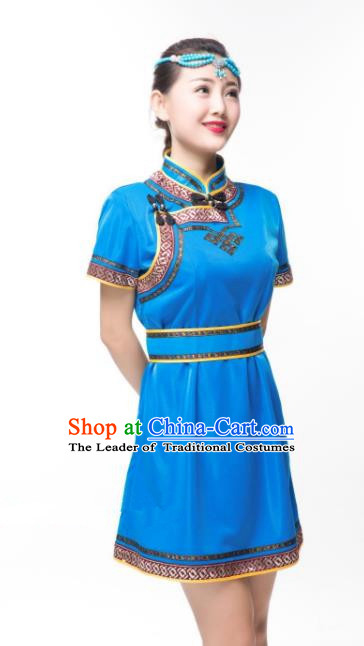 Traditional Chinese Mongol Nationality Costume Blue Dress, Mongolian Folk Dance Clothing for Women