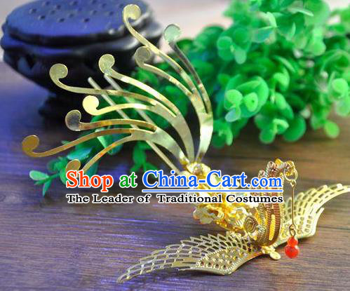 Ancient Chinese Handmade Hair Accessories Classical Phoenix Hairpins Golden Hair Clip for Women