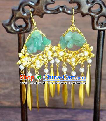 Top Grade Chinese Handmade Accessories Hanfu Jade Eardrop Golden Tassel Earrings for Women