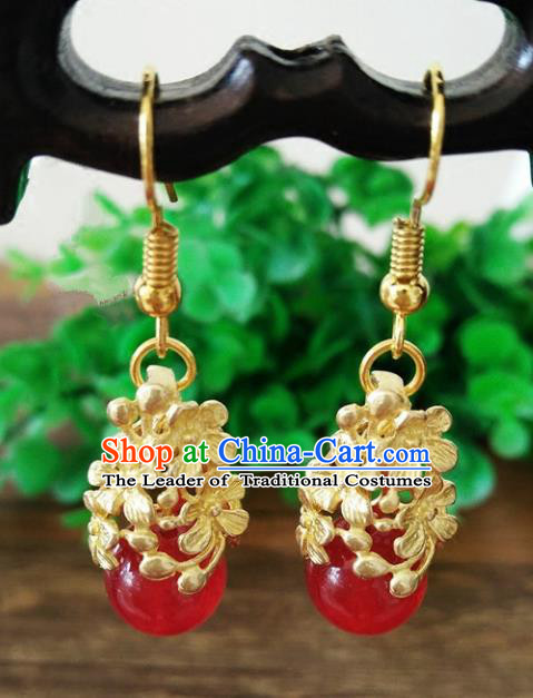 Chinese Handmade Accessories Hanfu Red Bead Eardrop Ancient Brass Earrings for Women