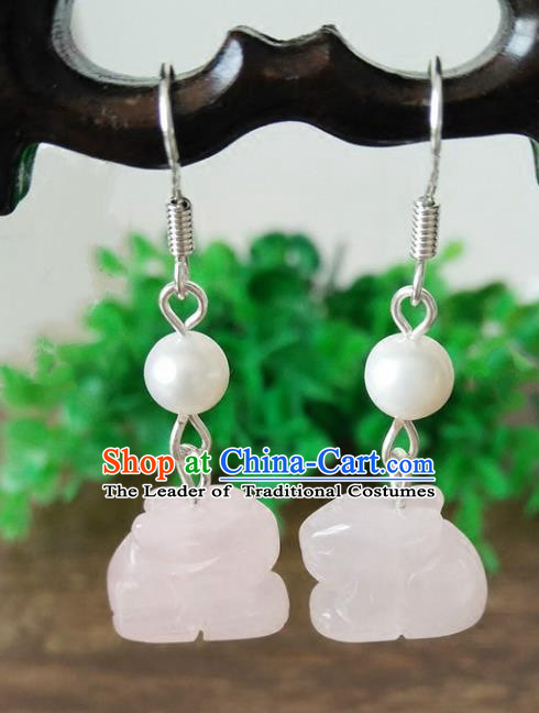 Chinese Handmade Accessories Hanfu Pink Jade Rabbit Eardrop Ancient Tassel Earrings for Women